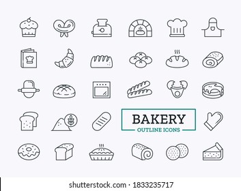 Baking ingredients and utensils icon set with oven, egg, flour, bread. Vector symbols of cooking.