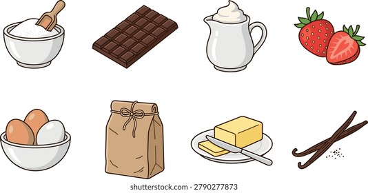 Baking ingredients vector illustration set with sugar, chocolate, cream, strawberries, eggs, flour, butter, and vanilla for recipes and bakery menus