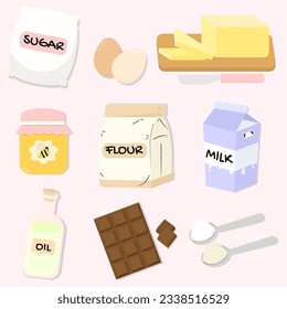 Baking ingredients vector set illustration. Food supplies for bakery and cooking dessert