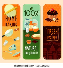 Baking ingredients vertical banners with kitchen tools and natural products using for pastries and desserts preparation vector illustration