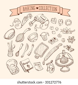 Baking Items Collection In Doodle Style. Hand Drawn Kitchen Tools Set. 