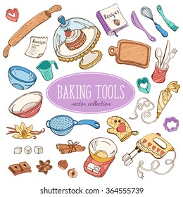 Baking items collection in doodle style. Hand drawn kitchen tools set in pastel colors. 