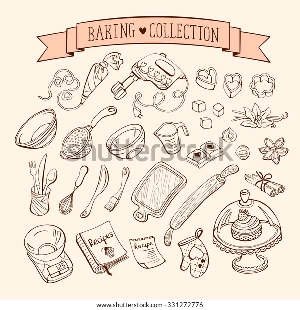 Baking items collection in doodle style. Hand drawn\
kitchen tools set. 