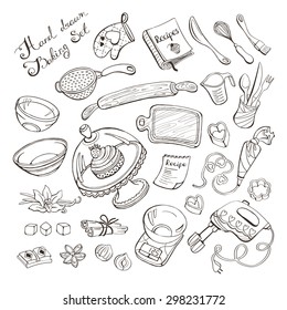 Baking items doodle set. Vector illustration. Isolated on white background. Kitchen tools outlines for coloring book