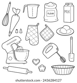 Baking items set. Kitchen Tools. Outline illustration, design elements or page of children's coloring book.	