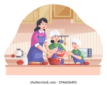 Baking with Kids Illustration, Mother making a Cake with the help of Children to Have Fun. This illustration can be used for website, landing page, web, app, and banner.