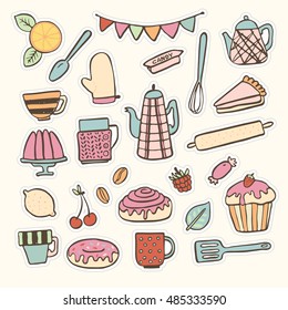 Baking kitchen hand drawn doodle stickers vector set. Can be used as icons or illustrations