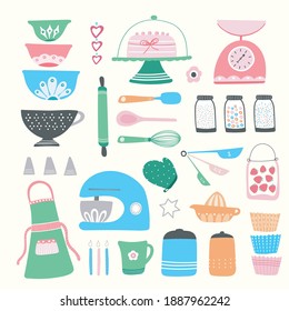 Baking kitchen icon set, vector illustrations of home cooking equipment, cute and colourful hand drawn design resource.