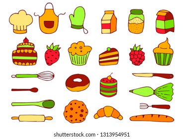 Baking kitchen icons doodle vector set
