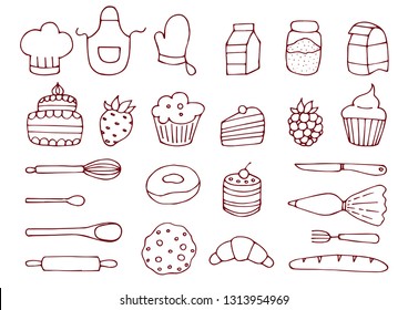 Baking kitchen icons doodle vector set