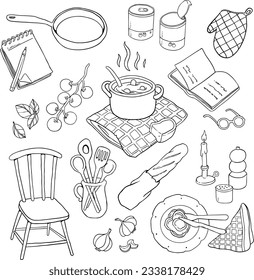 Juego de vectores de doodle con iconos de cocina de horquilla.