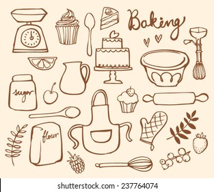 Baking kitchen icons doodle vector set