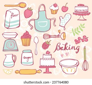 Baking kitchen icons doodle vector set