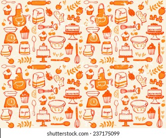 Baking kitchen icons seamless grunge background