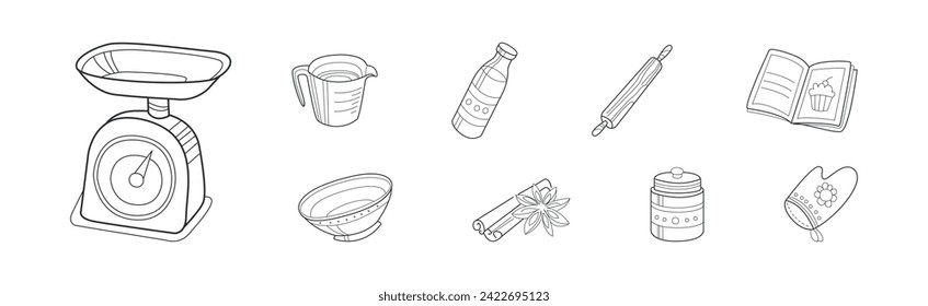 Baking Kitchen Object and Item Doodle Line Vector Set