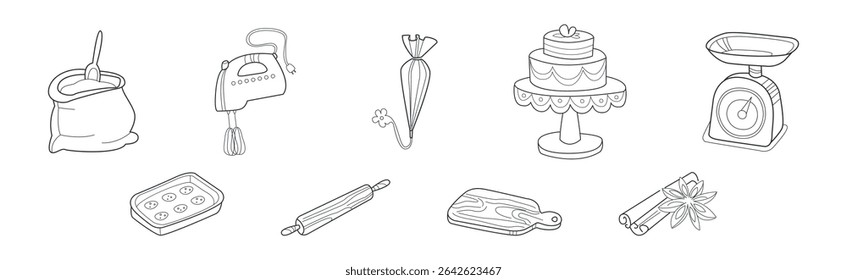 Conjunto de vetor de linha de doodle do objeto e do item da cozinha de cozimento