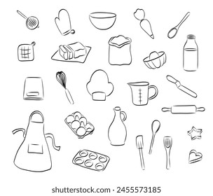 Juego de iconos dibujados a mano de los suministros de horneado y cocina. Ilustración de doodle de hornear, leche, huevos, batidor, delantal, mantequilla derretida, cuchara, taza de medición y más. Conjunto de iconos de arte de línea delgada dibujada a mano de panadería