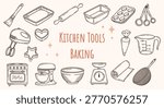 Baking kitchen tools set, hand drawn pastry equipment doodles, mixer oven and rolling pin sketch icons, culinary utensils isolated on beige background for bakery design