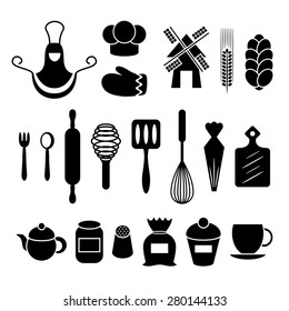 Baking kitchen tools silhouettes set. Apron, gauntlet, spoon, flour, rolling, whisk, pot, teakettle. Vector symbols collection isolated on white background