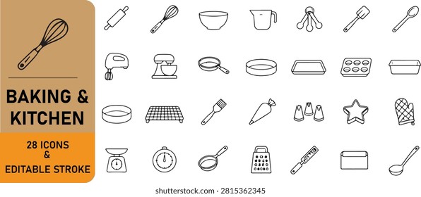 Baking and kitchen utensils line icon set with editable stroke, featuring whisk, rolling pin, mixing bowl, spatula, baking trays, cake molds, measuring tools, and cooking accessories.