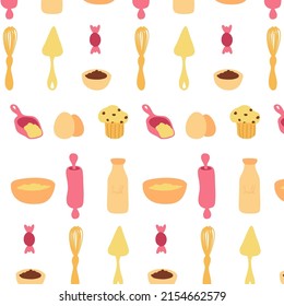 Baking Kitchenware, Ingredients Vector Pattern. Flour, Milk, Muffin, Whisk, Rolling Pin. Cook Book Design.