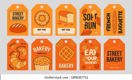 Baking labels set. Bread, cupcake, croissant vector illustrations with text on orange background. Street bakery, food or pastry concept for retail tags or postcards design