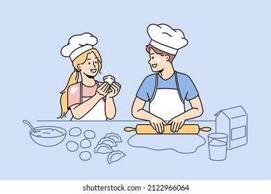 Baking and leisure fun concept. Happy excited children kids standing wearing chef hats cooking baking dumplings together in kitchen vector illustration