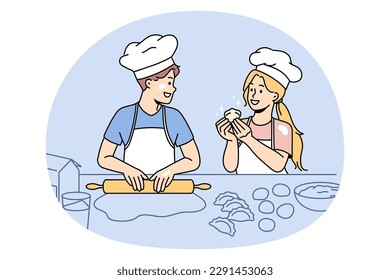 Baking and leisure fun concept. Happy excited children kids standing wearing chef hats cooking baking dumplings together in kitchen vector illustration