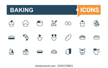 Baking line icon collections. Containing ingredient, bakery, mix, instruction, mixer, recipe, cake, kitchen. Outline symbol collection. Vector outline and solid icons collection.