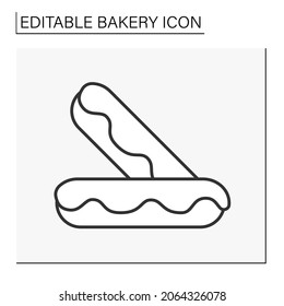  Baking line icon. Eclair dessert. Choux pastry filled with cream and chocolate icing.Bakery concept. Isolated vector illustration.Editable stroke. Vector illustration