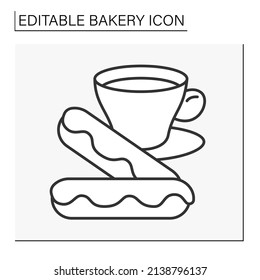  Baking line icon. Eclair dessert with coffee cup. Tasty breakfast..Bakery concept. Isolated vector illustration.Editable stroke