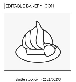 Baking line icon. Meringue dessert on plate. Served sweet food. Stiffly beaten egg whites and sugar until crisp.Bakery concept. Isolated vector illustration.Editable stroke