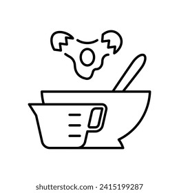 Baking, line icon. Mixing bowl, measuring cup and egg. A baking and homemade pastry concept. Linear illustration, thin line, editable stroke