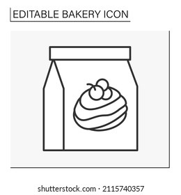  Baking line icon. Pavlova dessert packed in paper bag. Delivery. Meringue shell topped with whipped cream and fruit.Bakery concept. Isolated vector illustration.Editable stroke