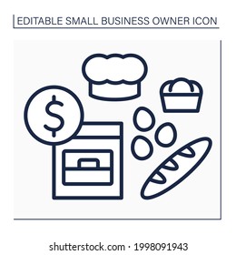Backline-Symbol. Private Bäckerei. Süßwaren backen Brot, Kuchen, Brötchen. Ofen und oberste Tasse. Konzept des Eigentümers von Kleinunternehmen. Einzige Vektorgrafik. Bearbeitbarer Hub