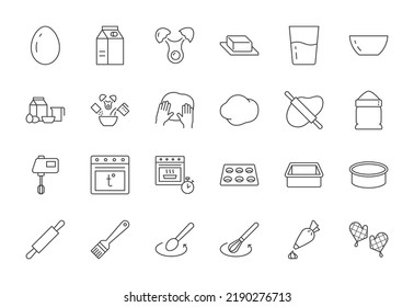 Backline-Symbol gesetzt. Bäckereisymbole - Mixer, Glas, Vorwärmehofen, Form, Butter, Ei, Milch, Walzstift, Whisk, Süßigkeiten Tasche, Herd. Einfaches Umrisszeichen des Kochrezeptes. Bearbeitbarer Stroke