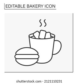  Baking line icon. Whoopie pie dessert with hot cocoa. Tasty sweet dessert. Bakery concept. Isolated vector illustration.Editable stroke