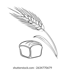 Baking loaf concept for bakery shop with plant wheat in simple linear style. Outline editable stroke. vector illustration.