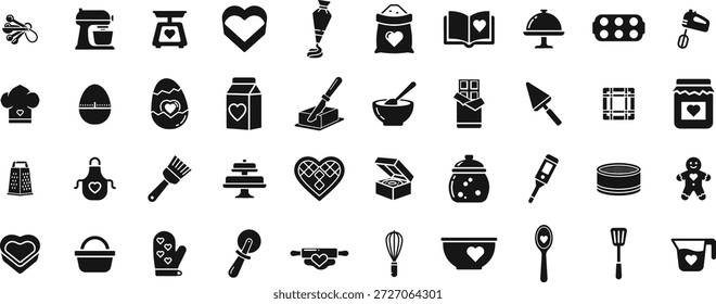 Baking love icon set featuring kitchen tools and ingredients with heart details for pastry shops and cooking classes