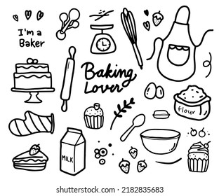 Baking Lover, Cafe Vector Bundle. Baking Illustration. Set of Bakery Element. Hand-drawn Bakery Icons Art and Doodle. A sweet dessert menu, Cakem Muffin, Fruit, Bakery Tools Illustrate Vector, Sketch