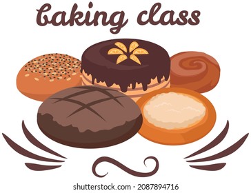 Baking masterclass emblem design with decorated pies, flour products. For cafe brand, cooking pastries poster. Bakery sign template, culinary school badge. Baking class inscription with buns and cakes