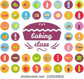 Baking masterclass emblem design with hand drawn pie. For cafe brand, cooking pastries poster. Bakery school badge surrounded by cooking symbols, icons of food and drinks. Baking class design elements