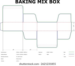 Baking mix box packaging die cut template with dimensions for design and production blueprint