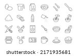Baking Mixes doodle illustration including icons - water, muffin ingredient, bowl, dough, egg, whisk, stove, melted butter, spoon, pouch. Thin line art about bakery kitchenware. Editable Stroke