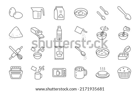 Baking Mixes doodle illustration including icons - water, muffin ingredient, bowl, dough, egg, whisk, stove, melted butter, spoon, pouch. Thin line art about bakery kitchenware. Editable Stroke