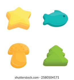 Baking molds icons set cartoon vector. Various colorful cookie cutter. Baking accessory