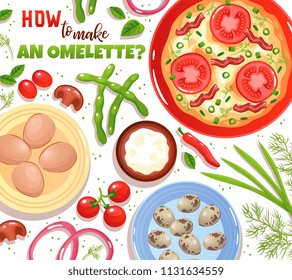 Baking of omelette with ingredients eggs vegetables mushrooms and greenery on white background flat vector illustration 