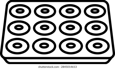 Baking pan icon featuring a dozen cupcakes or muffins. Ideal for bakery menus, culinary blogs, and home baking design projects.