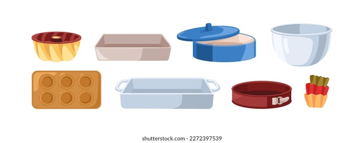 Baking pans, casserole dishes, silicone molds, cups, bakeware set. Bakery ware, roasters, bowls, ceramic and metal cooking equipment. Flat cartoon vector illustrations isolated on white background