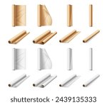 Baking paper roll, bakery packaging aluminum foil vector illustration set. Cartoon baking paper, kitchen parchment. Papyrus package sheet, towel with recycle paper, cooking wrapping parchment